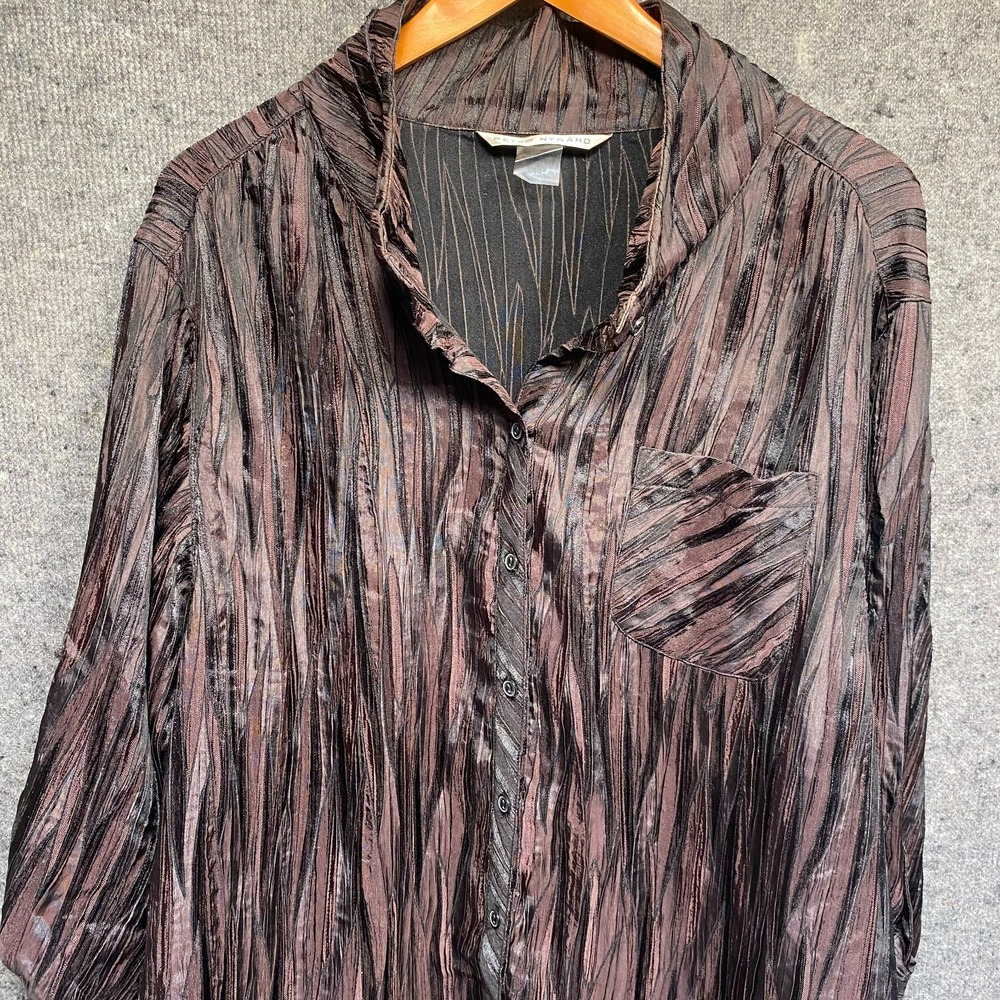 Peter Nygard Womens 14 Brown Black Crinkle Stripe Button Blouse 3/4 Sleeve
